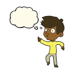 cartoon pointing boy with thought bubble