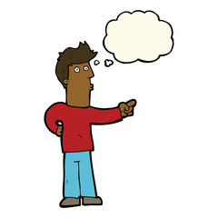 cartoon curious man pointing with thought bubble