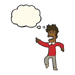 cartoon frightened man pointing with thought bubble