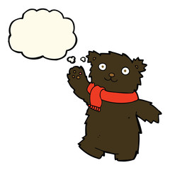 cartoon teddy bear wearing scarf with thought bubble