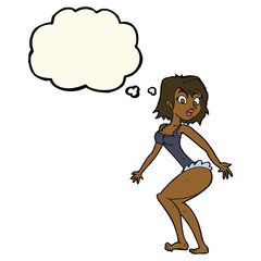 cartoon woman in lingerie with thought bubble