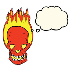 cartoon flaming skull with love heart eyes with thought bubble