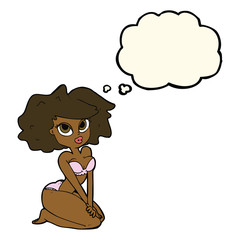 cartoon woman wearing bikini with thought bubble