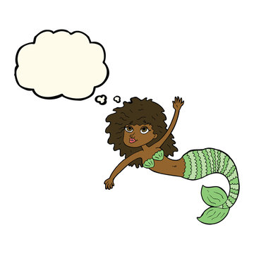 cartoon pretty mermaid waving with thought bubble