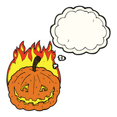 cartoon grinning pumpkin with thought bubble