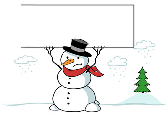 Trauriger Schneemann im Winter hält Schild