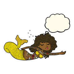 cartoon mermaid covered in tattoos with thought bubble