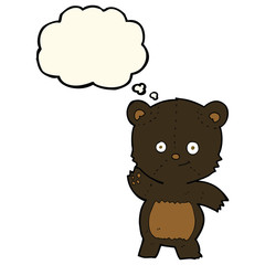 cartoon waving black bear with thought bubble
