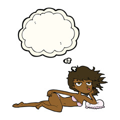 cartoon woman posing in underwear with thought bubble