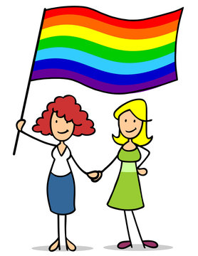 Lesbisches Paar Frauen hält Regenbogenfahne