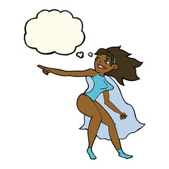 cartoon superhero woman pointing with thought bubble