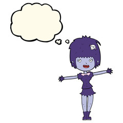 cartoon happy vampire girl with thought bubble