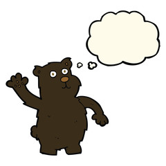 cartoon waving black bear with thought bubble