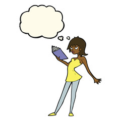 cartoon woman reading book with thought bubble