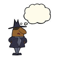 cartoon man in coat and hat with thought bubble