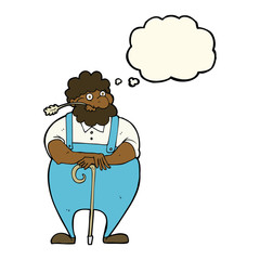cartoon farmer leaning on walking stick with thought bubble