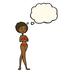 cartoon retro woman in bikini with thought bubble