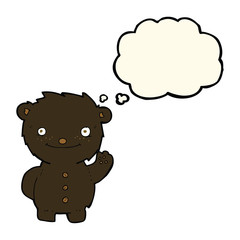 cartoon waving black bear with thought bubble