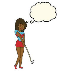 cartoon woman playing golf with thought bubble