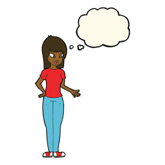 cartoon woman explaining with thought bubble
