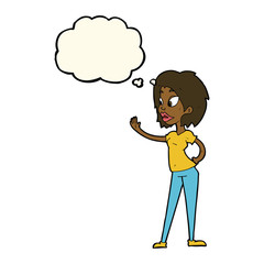 cartoon woman waving with thought bubble