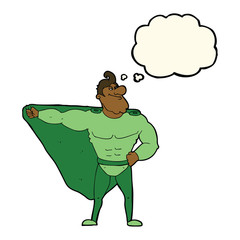 funny cartoon superhero with thought bubble