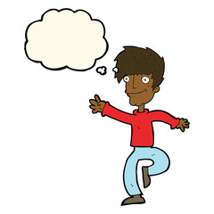 cartoon happy man dancing with thought bubble