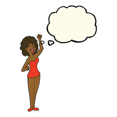 cartoon dancing woman with thought bubble