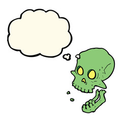 cartoon laughing skull with thought bubble