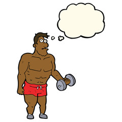 cartoon man lifting weights with thought bubble