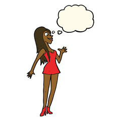 cartoon woman in pink dress with thought bubble