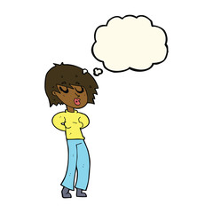 cartoon woman whistling with thought bubble