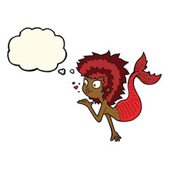 cartoon mermaid blowing a kiss with thought bubble