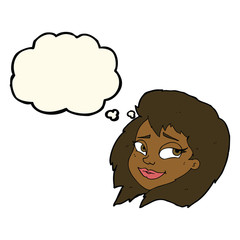 cartoon happy female face with thought bubble