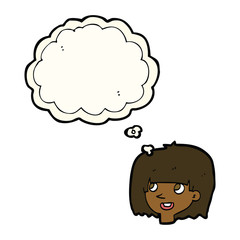 cartoon happy female face with thought bubble