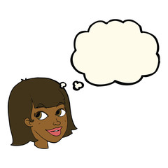 cartoon happy female face with thought bubble