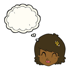 cartoon happy female face with thought bubble