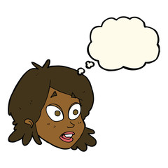 cartoon female face with surprised expression with thought bubbl