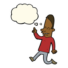 cartoon happy man pointing with thought bubble