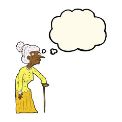 cartoon old woman with thought bubble