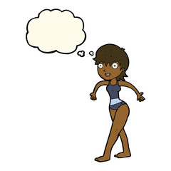 cartoon happy woman in swimming costume with thought bubble