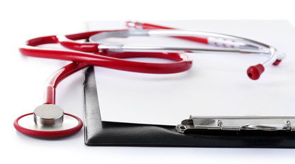 Medical stethoscope with clipboard isolated on white