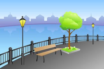 Landscape embankment city summer day river bench lamp illustration vector