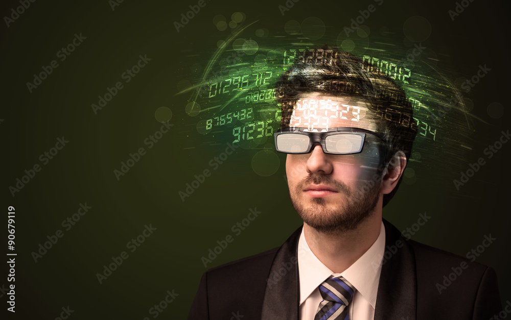 Poster business man looking at high tech number calculations