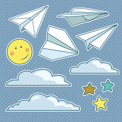 Vector set with isolated paper planes, stars, moon, clouds