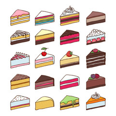 Colorful sweet cakes slices set vector illustration.