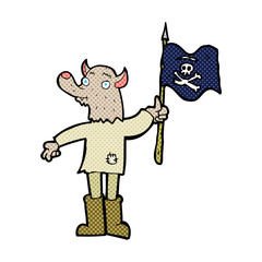 cartoon wolf man waving pirate flag
