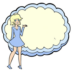 cartoon friendly woman with cloud text space