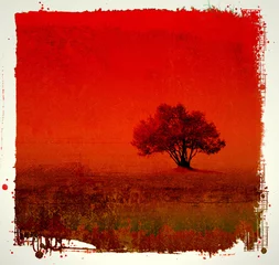 Papier Peint photo Olivier Grunge red background with olive tree