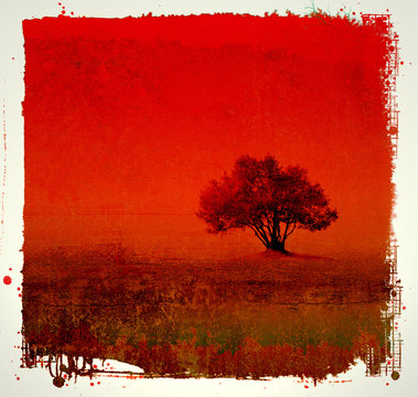 Grunge red background with olive tree